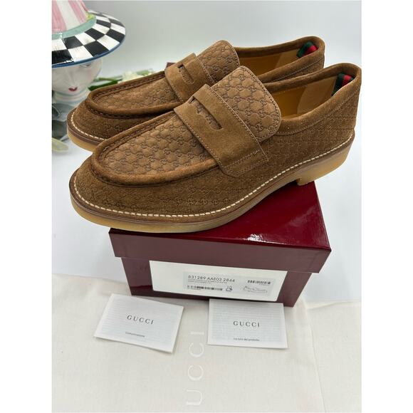 Men\'s Gucci suede GG monogram web loafers size 10 fits 10.5 US made in Italy